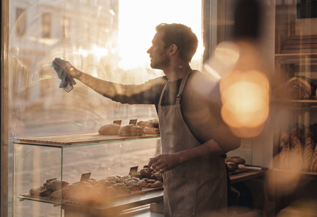 Man cleaning the windows - bakery owner